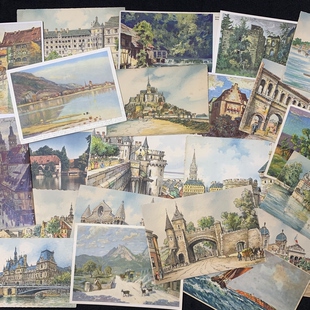 原版 1950年 彩绘 素描 珍藏老明信片 线雕艺术 欧洲早期1920