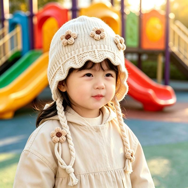 宝宝毛线帽可爱韩版甜美花朵针织护耳帽婴幼儿加厚保暖帽帽子冬天