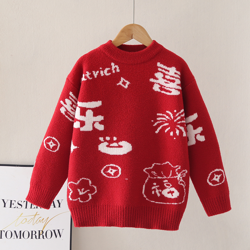 女童红色毛衣冬季加厚2025新款儿童针织打底衫洋气女大童新年衣服