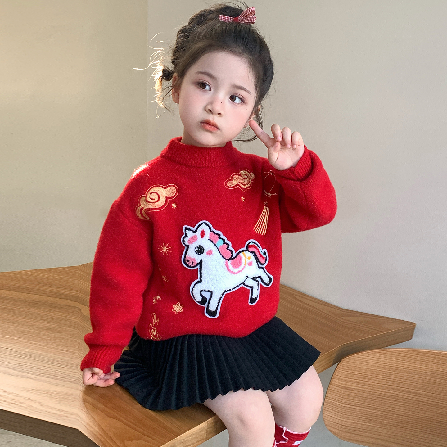 女童毛衣冬季加厚2025新款儿童针织打底衫中大童加绒红色拜年衣服