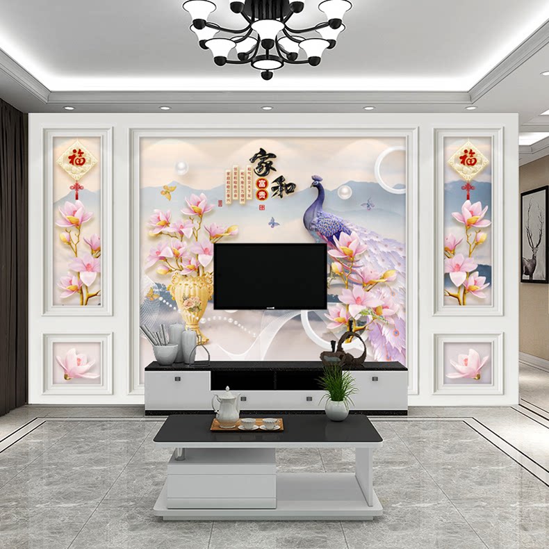 自带边框电视背景墙壁纸客厅3D立体简约定制壁画8D墙画新18D墙纸_虎窝淘