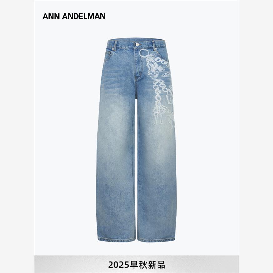 设计师直筒牛仔裤秋季锁链印花