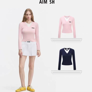 针织混纺显瘦假两件V领长袖 SH女士 AIM T恤上衣 新品