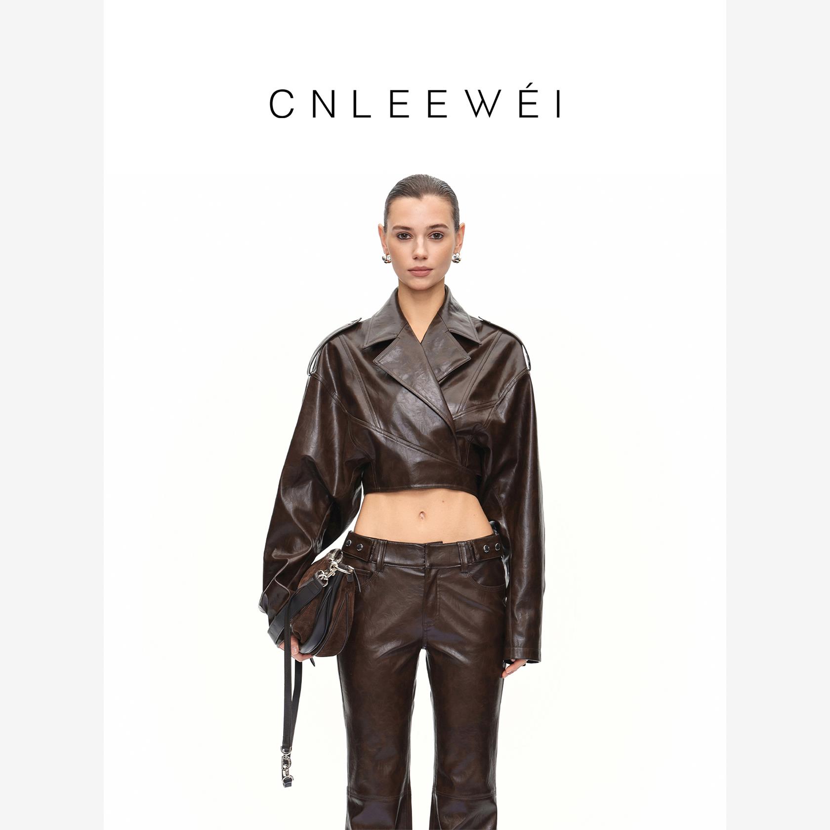 【张靓颖同款】CNLEEWEI25年秋季新款绑带廓形超短皮衣夹克外套女