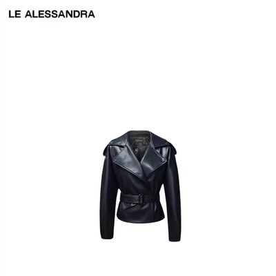 LE ALESSANDRA 秋冬机车夹棉皮衣收腰翻领腰带外套大衣