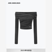 设计师ANN t恤 长袖 ANDELMAN 交叉露肩设计感上衣女一字肩秋季