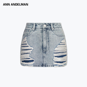 设计师ANN ANDELMAN蓝色a字复古做旧破坏包臀短裙牛仔半裙女夏