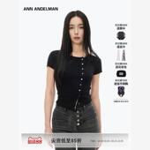 ANDELMAN不对称短袖 修身 小开衫 设计师ANN 短袖 毛针织外套女