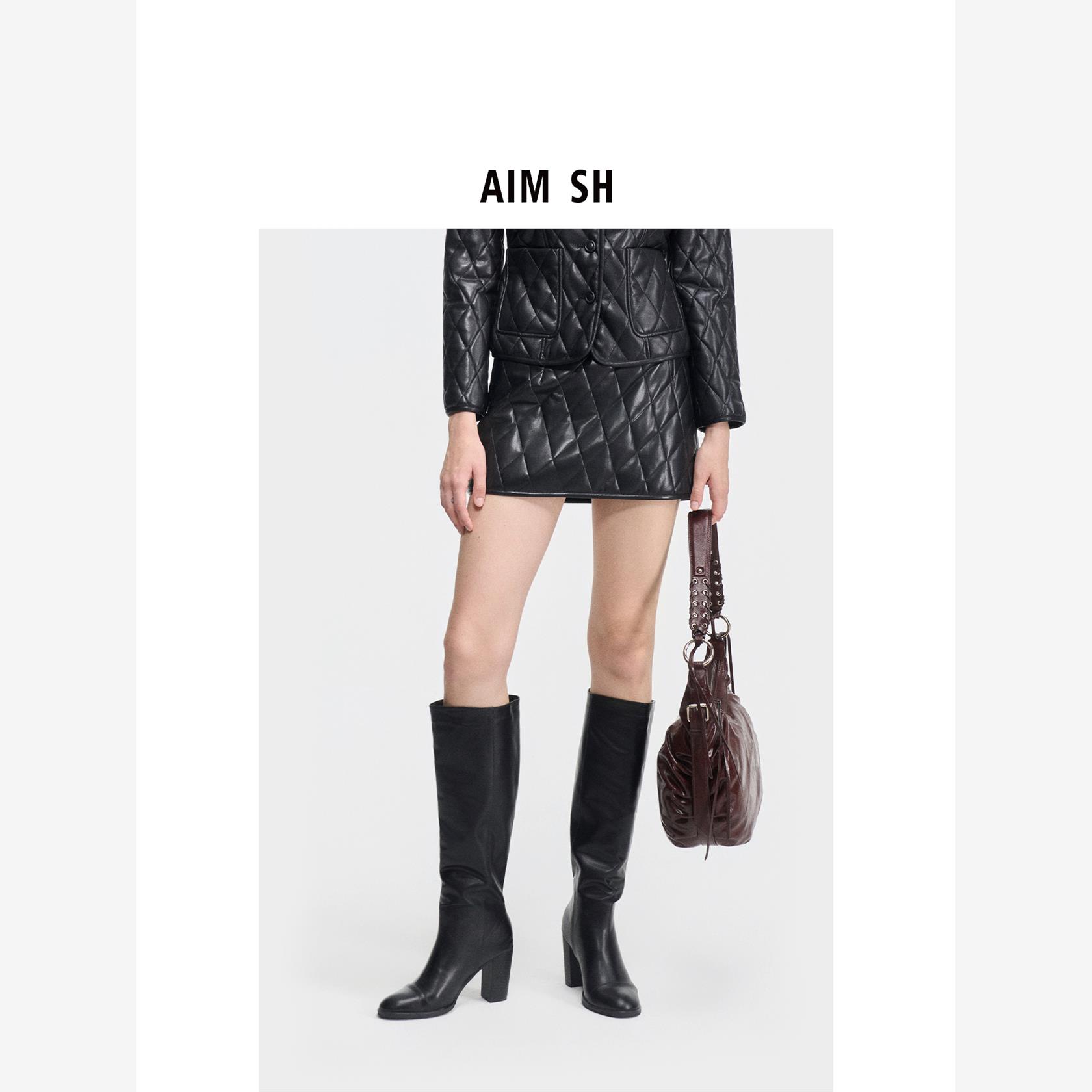 AIM SH女士 黑色夹棉柔软菱格皮裙包臀显瘦短裙