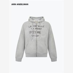 设计师ANN ANDELMAN秋冬灰色卫衣男连帽印花宽松开衫薄款外套