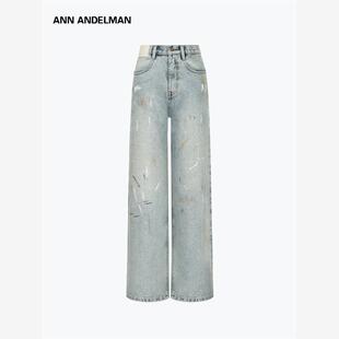 设计师ANN ANDELMAN做旧水洗泼墨牛仔裤涂污喷污棉质高腰阔腿裤