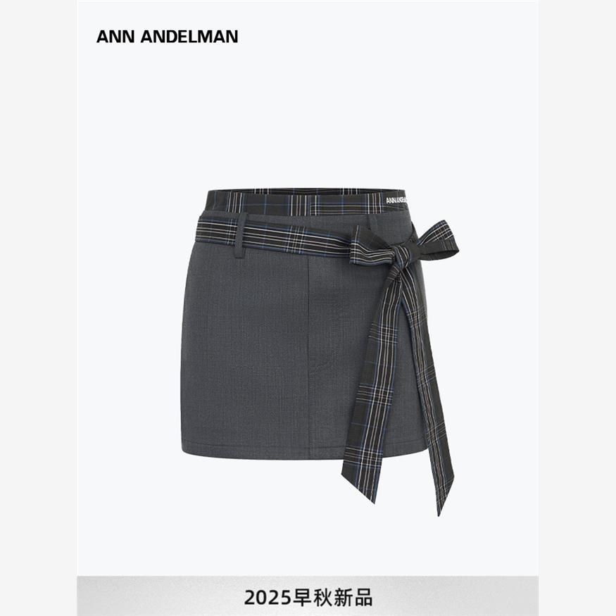 设计师ANN ANDELMAN领带腰短裙女半身裙2025年新款拼接西装裙