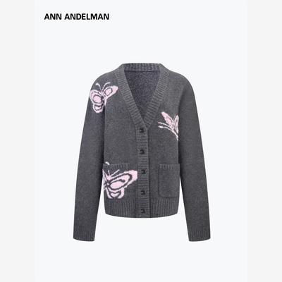 设计师ANN ANDELMAN 蝴蝶提花V领单排扣毛衣开衫外套女秋冬加厚