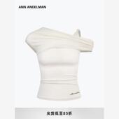 不对称立裁褶皱斜肩短袖 设计师ANN ANDELMAN T恤女收腰显瘦上衣