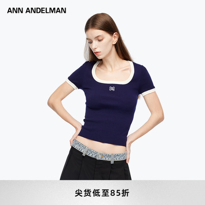 设计师方领短袖T恤掐腰设计感