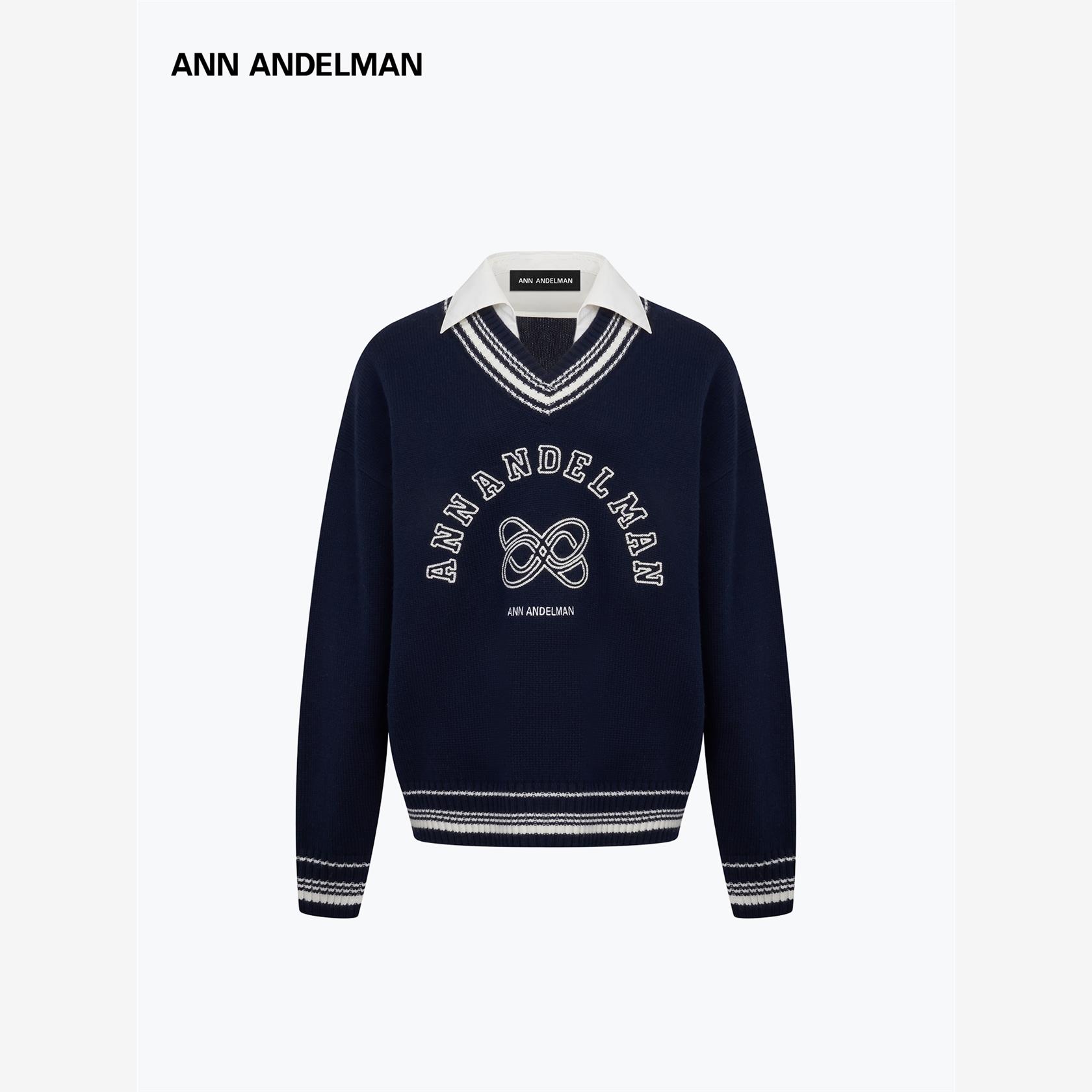 设计师ANN ANDELMAN拼接衬衫领OS美式假两件设计字母刺绣针织衫