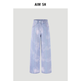 SH女士 AIM 白色夹标彩条水洗宽松直筒牛仔裤 新品