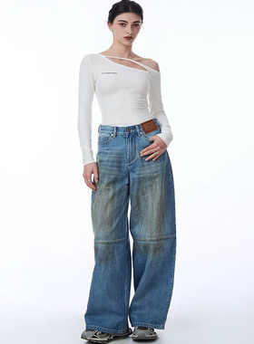 LE ALESSANDRA 秋冬羊毛露肩不规则长袖斜肩上衣打底衫