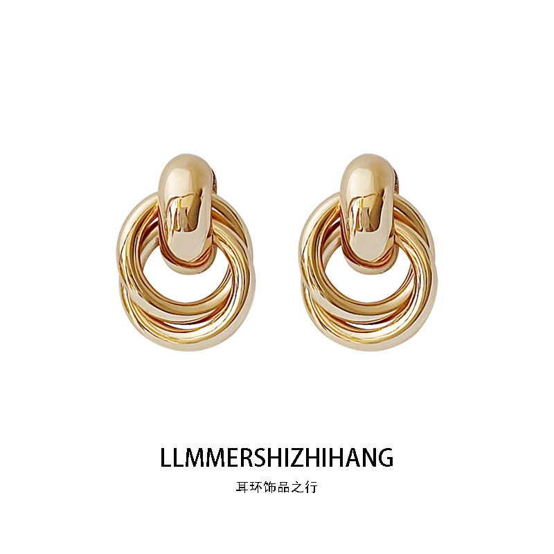 双圆圈耳环金属复古法式耳夹无耳洞蚊香盘简约耳饰2023年气质耳钉