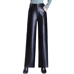 加绒高腰皮裤女秋冬2025新款宽松阔腿裤加厚直筒休闲裤高个子长裤