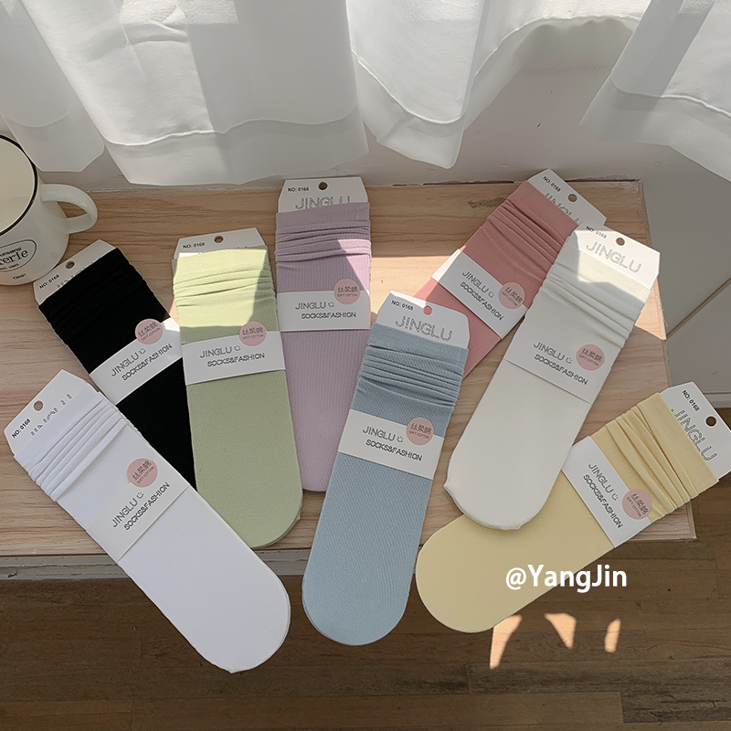 春夏薄款丝感纯色堆堆袜韩风ins款糖果色中筒基础夏日直板女袜