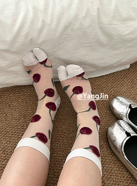 春夏季玻璃丝红色樱桃分趾袜韩风ins薄款透气可爱复古tabi二趾袜
