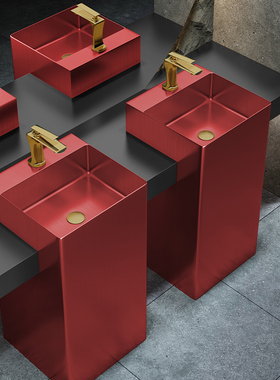 红色不锈钢洗手台一体台面落地式民宿方形立柱盆酒店卫生间洗手池