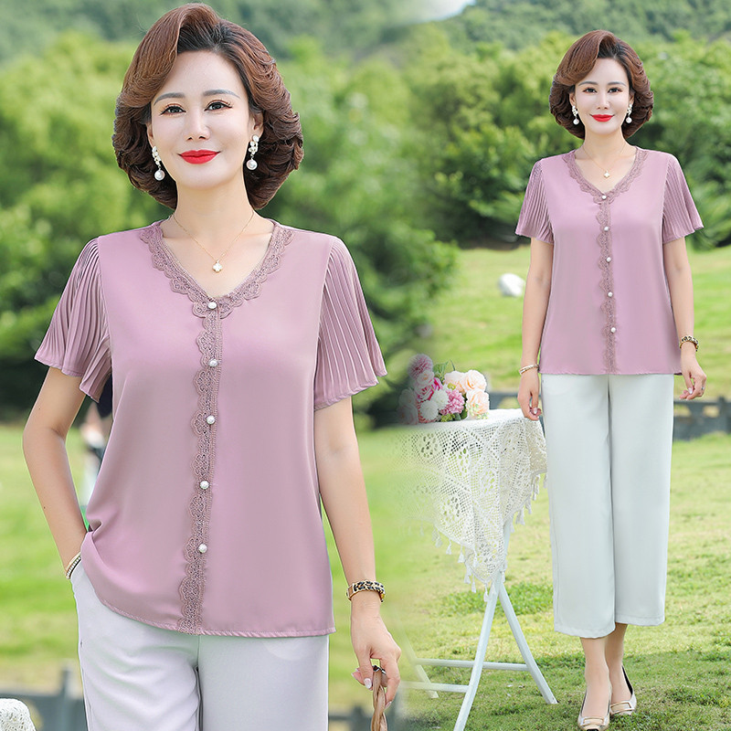 妈妈夏装T恤上衣2025新款中老年人气质洋气雪纺中年女装大码短袖