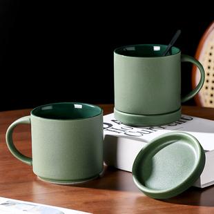 磨砂北欧简约大容量陶瓷马克杯咖啡杯子带盖勺办公室复古茶杯水杯