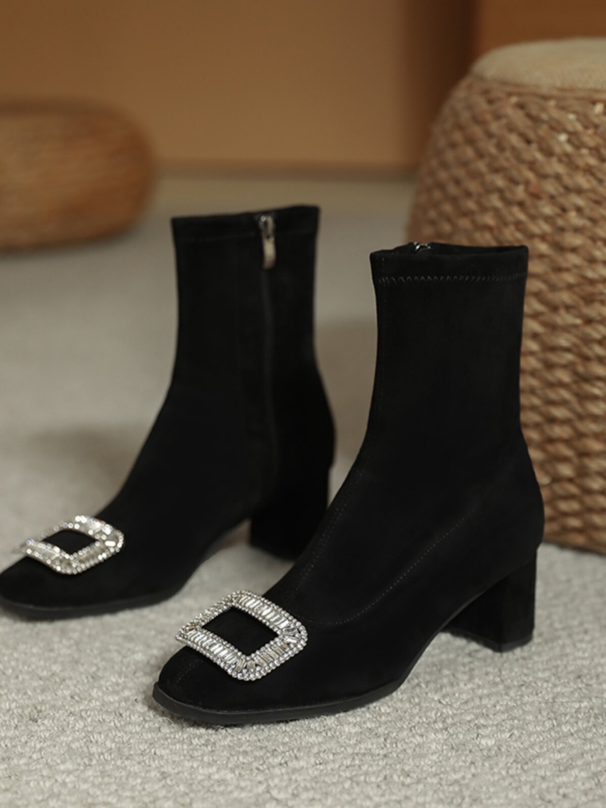 RHINESTONE BLOCK HEEL BOOTIE WOMENS SQUARE HEAD SIDE ZIPPER HIGH HEEL MARTIN BOOTS 2024 AUTUMN WINTER VELVET BOOTS WOMENS SKINNY BOOTS