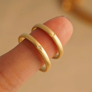 金色复古日月戒指女小众设计轻奢高级感素圈食指对戒百搭气质指环