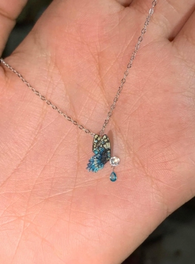 深蓝色蝴蝶项链春季气质百搭颈链