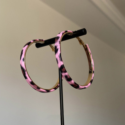 甜酷辣妹芭比粉色豹纹大圈耳环女