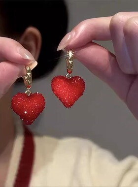 红色爱心耳钉轻奢小众设计高级感秋冬耳环桃心耳坠独特漂亮耳饰女