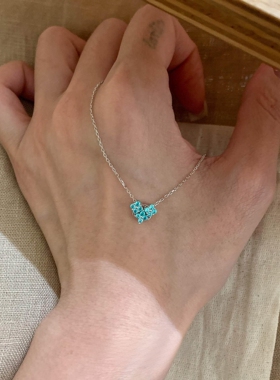 湖水蓝仿钻爱心吊坠项链女