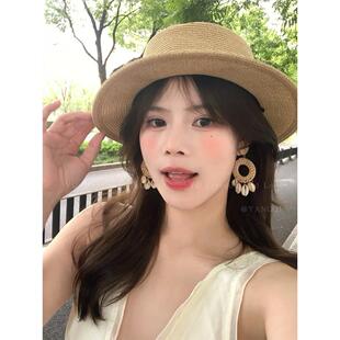 S925纯银波西米亚草编贝壳耳环2025新款高级感海边度假风耳钉耳饰