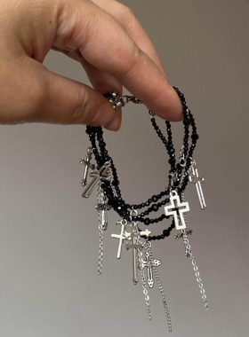 黑色串珠十字架流苏手链2026新款