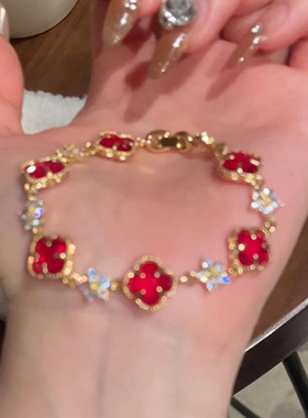 新年酒红色四叶草手链2025年新款