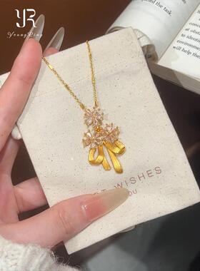 金色花朵蝴蝶结项链轻奢小众设计