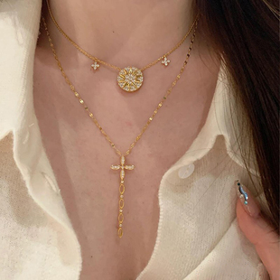 中古金色爆闪四芒星罗盘项链女款轻奢小众高级感叠戴十字架锁骨链