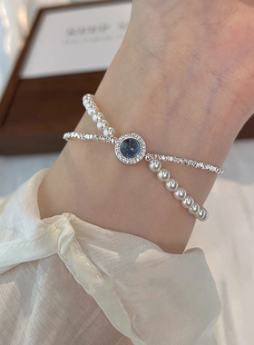 s925纯银海蓝宝碎银子珍珠手链