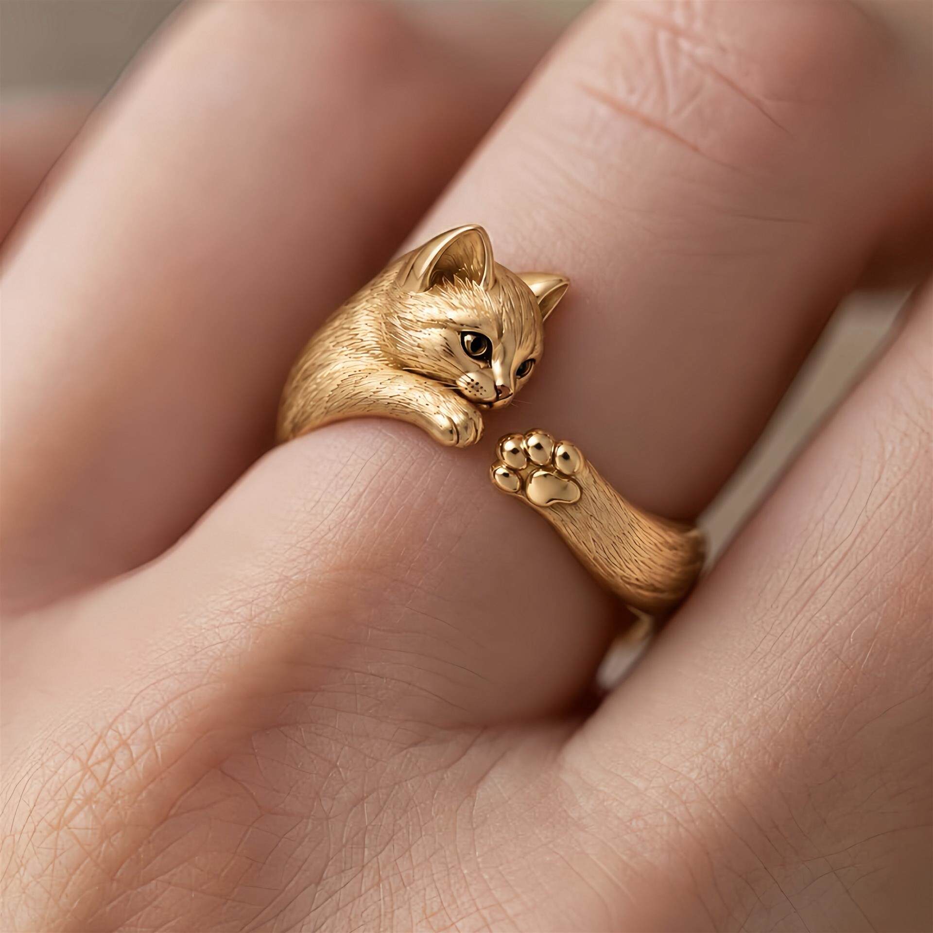 立体可爱趴猫戒指女2026新款小众设计猫爪环抱指环气质百搭食指戒