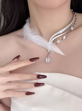 银色爆闪羽毛水滴项链女高级感