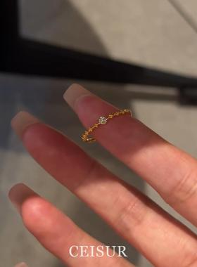 韩系冷淡风极细金色方钻戒指女