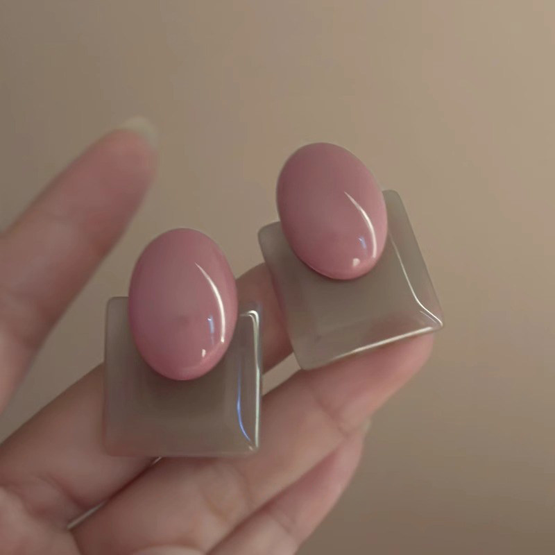 枯木玫瑰粉~几何撞色耳环