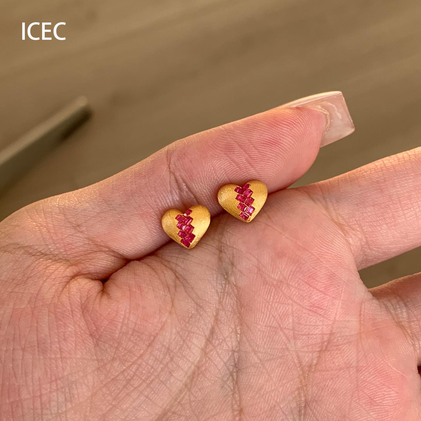 中古红色小方糖拉丝爱心耳钉女