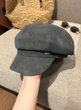 炭灰色麂皮绒报童帽高级感休闲