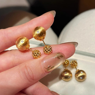 金色拉丝点钻小金球耳钉女轻奢小众高级感八芒星两戴耳环纯银耳饰