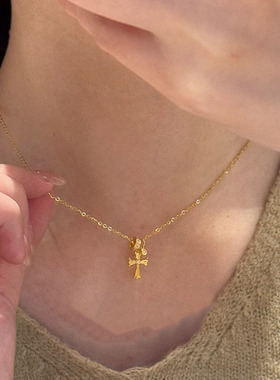 金色十字架项链女小众设计感