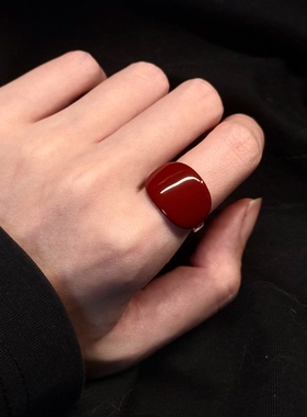 复古仿朱砂红色方型几何戒指气质